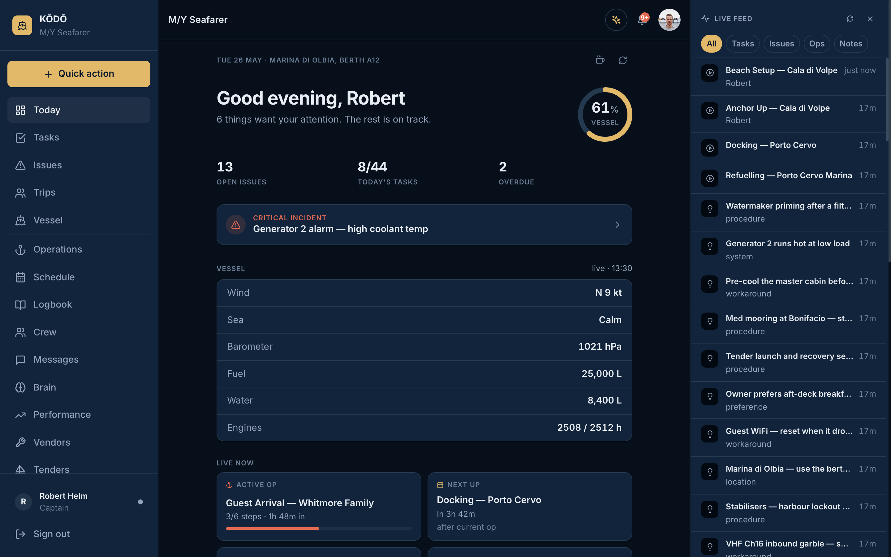 KŌDŌ command center: vessel status, live operations, and activity feed