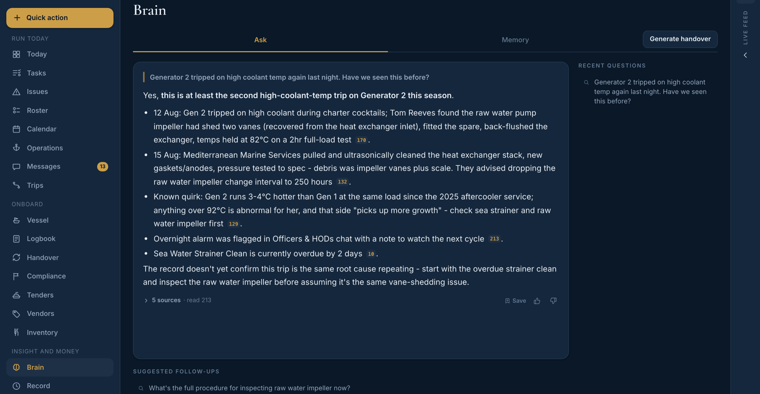 KODO answering the generator question from the vessel's own record: the engineer's dated impeller fix, the vendor's invoice and advice, the vessel's known quirk and the overdue strainer clean, each with a numbered citation