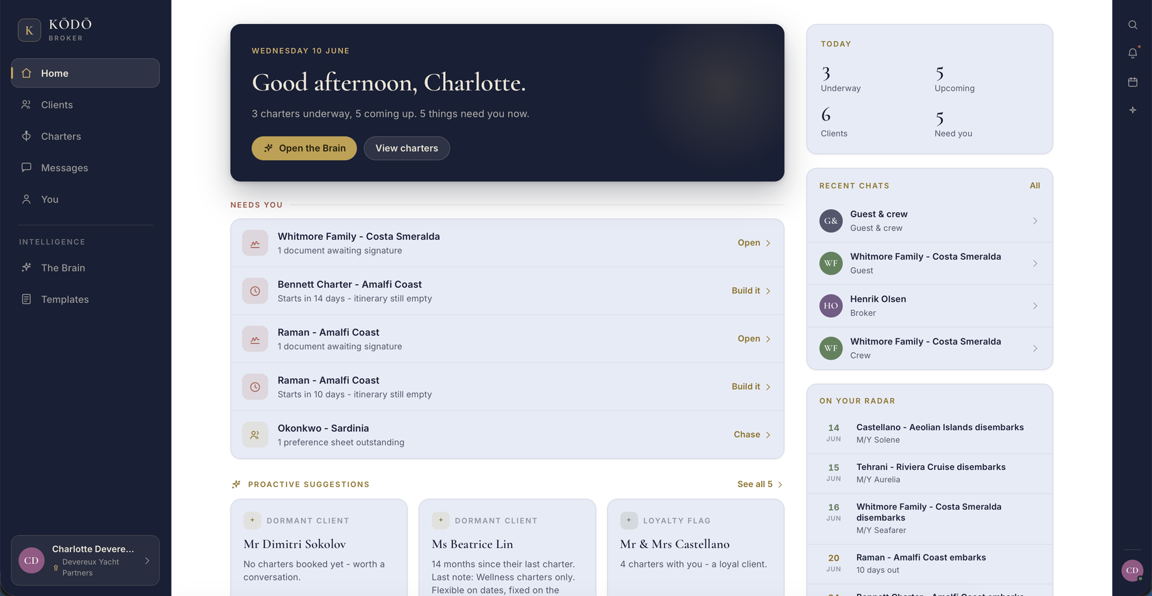 Broker home, the day's needs-you list and the client radar
