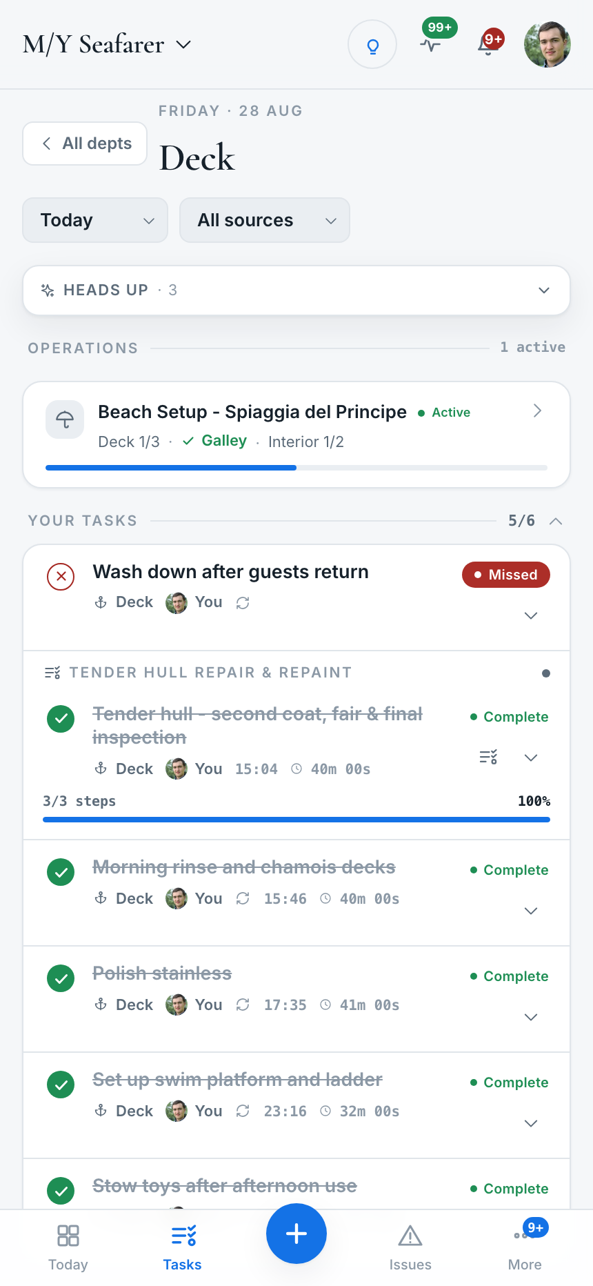 The KODO Tasks screen on a phone for the deck department of a demonstration vessel: a missed wash-down task, a three-step tender hull repair project marked complete with 3 of 3 steps, several completed routine tasks with durations, and an active beach setup operation
